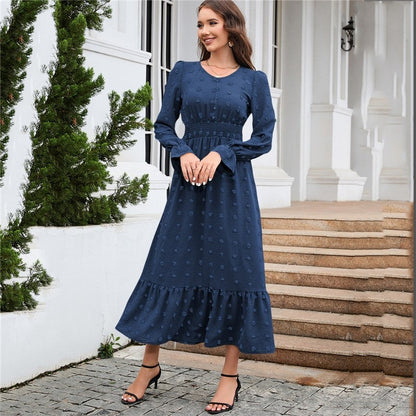 Ladies V Neck Long Sleeve Dress Jacquard Waist Neck Dress