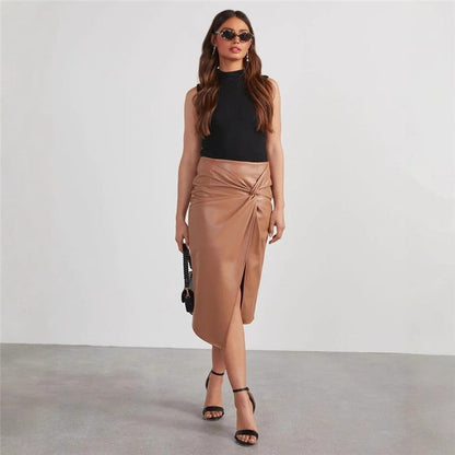PU High Waist Split Midi Pencil Skirt