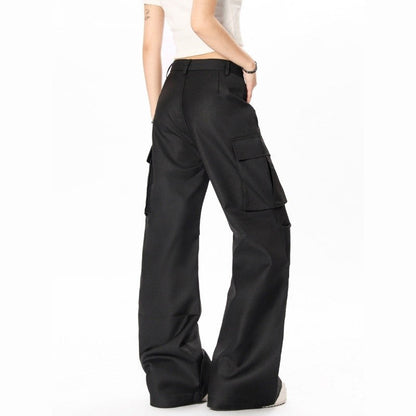 Multi-Pocket Pleated Flare Trousers Unisex Utility Style