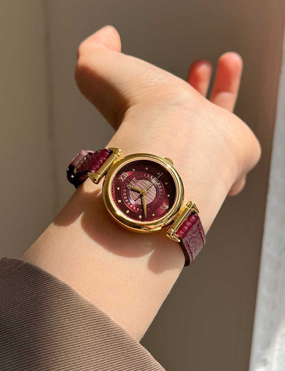 Luxury Round Leather Strap Quartz Watch