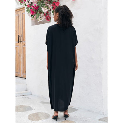 Half-Sleeve V-Neck Embroidered Beach Cover-Up