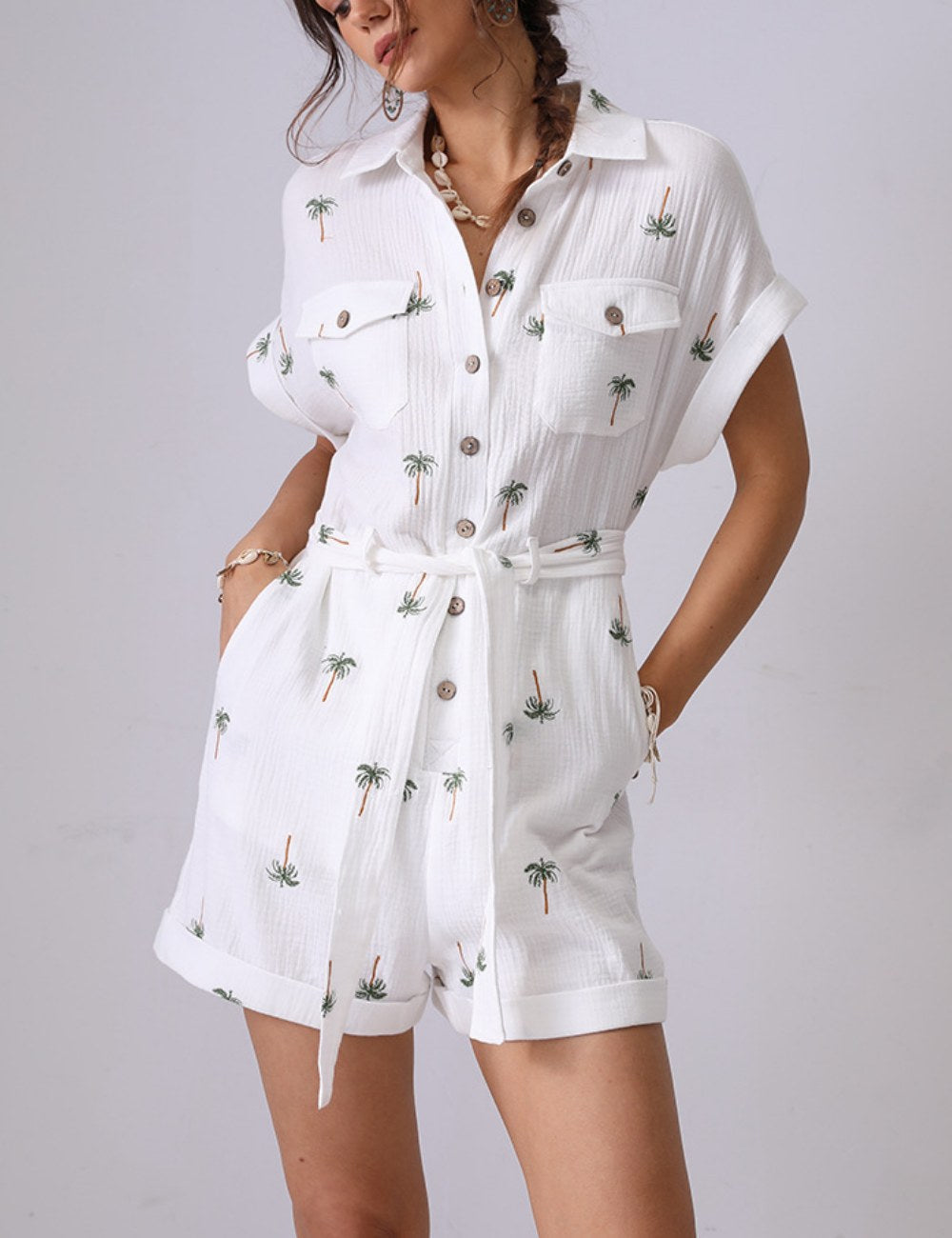 Tree Embroidered String Pockets Lapel Romper