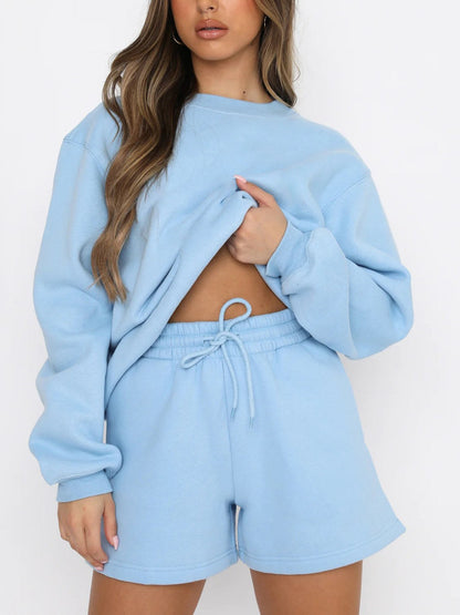 Solid Color Sweatshirt Short Loose Sets