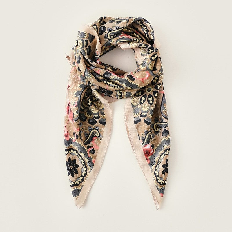 Floral Print Square Silk Imitation Scarf
