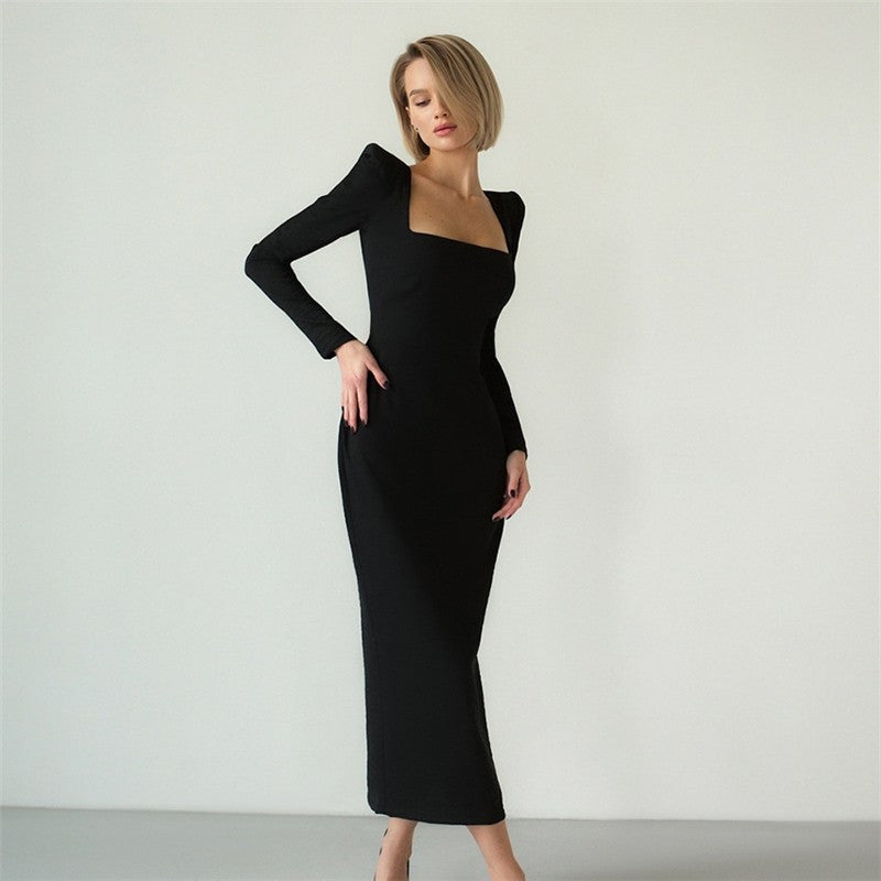 Solid Color Square Neck Long Sleeve Long Bodycon Dress