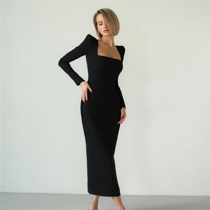 Solid Color Square Neck Long Sleeve Long Bodycon Dress
