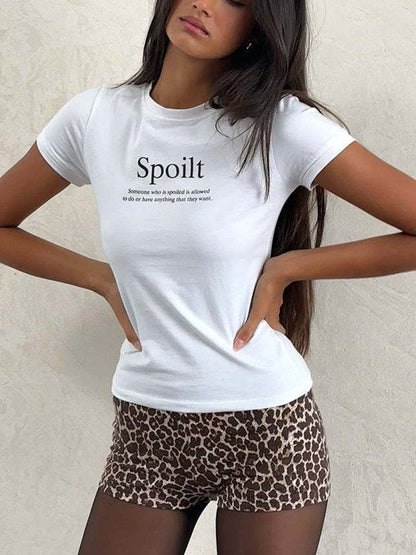 Letter Print Round Neck Slim Tops