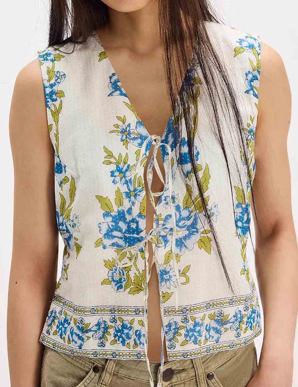 Vintage Flower Print Tie Front Sleeveless Top