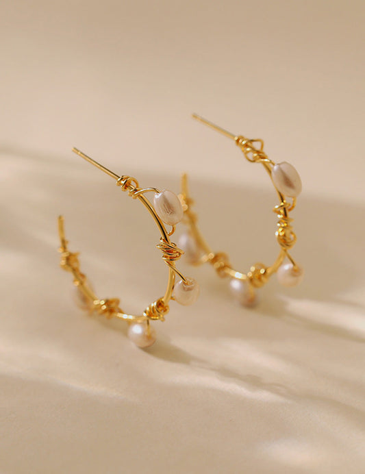 Elegant Pearl Wire Wrapped Hoop Earrings