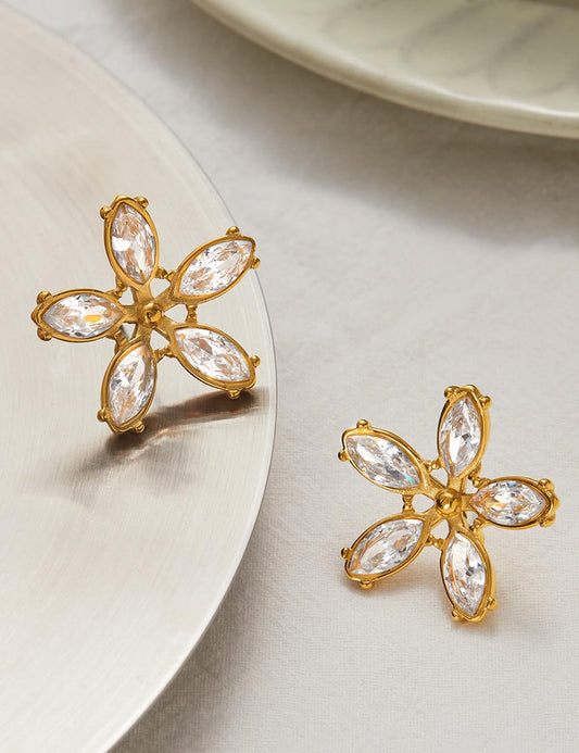Gold Cubic Zirconia Flower Stud Earrings