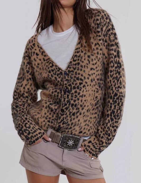 Vintage Leopard Print V-Neck Long Sleeve Sweater
