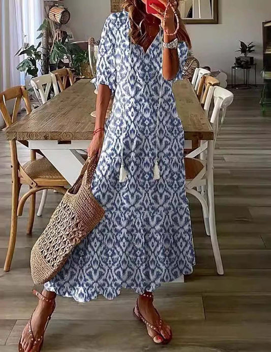 V-Neck Print Mid Sleeves Long Dresses