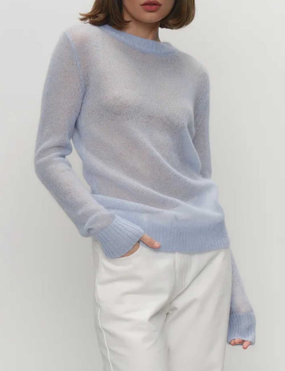 Simple Sheer Round Neck Long Sleeve Knit Top