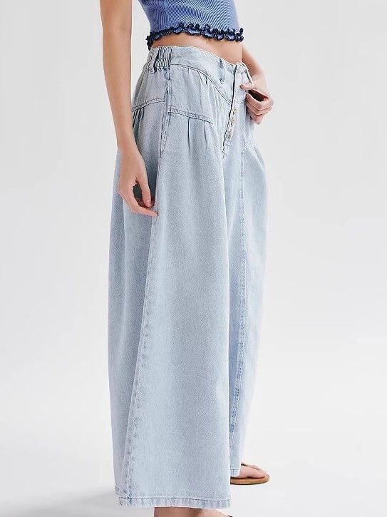 Buttons Midi Rise Wide Leg Jeans