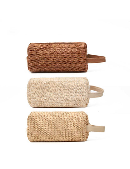 Solid Color Straw Weave Makeup Bag