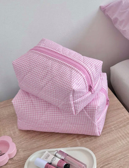 Pink Plaid Sweet Large Capacity Make Up Bag
