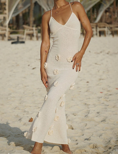 Halter 3D Floral Knit Backless Maxi Dress