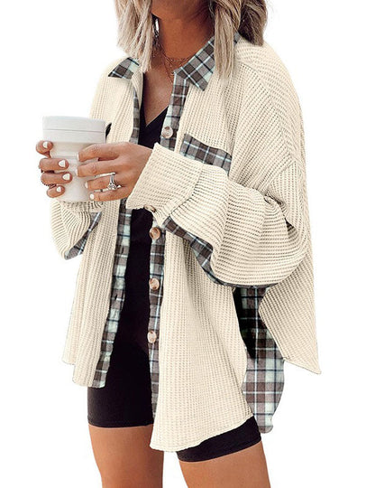 Waffle Plaid Splicing Lapel Button Down Shirts