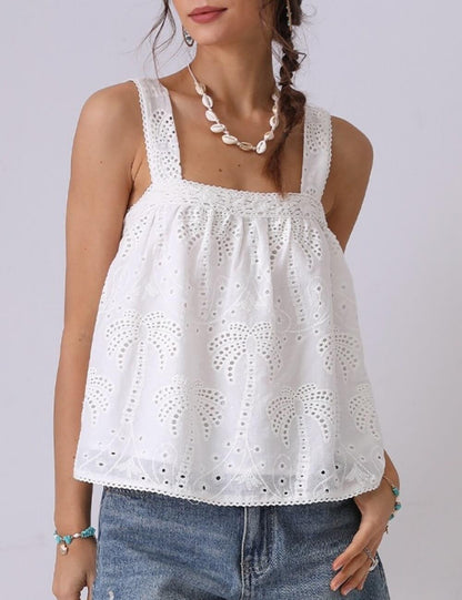 Palm Tree Embroidery Hollow Cotton Tank Top