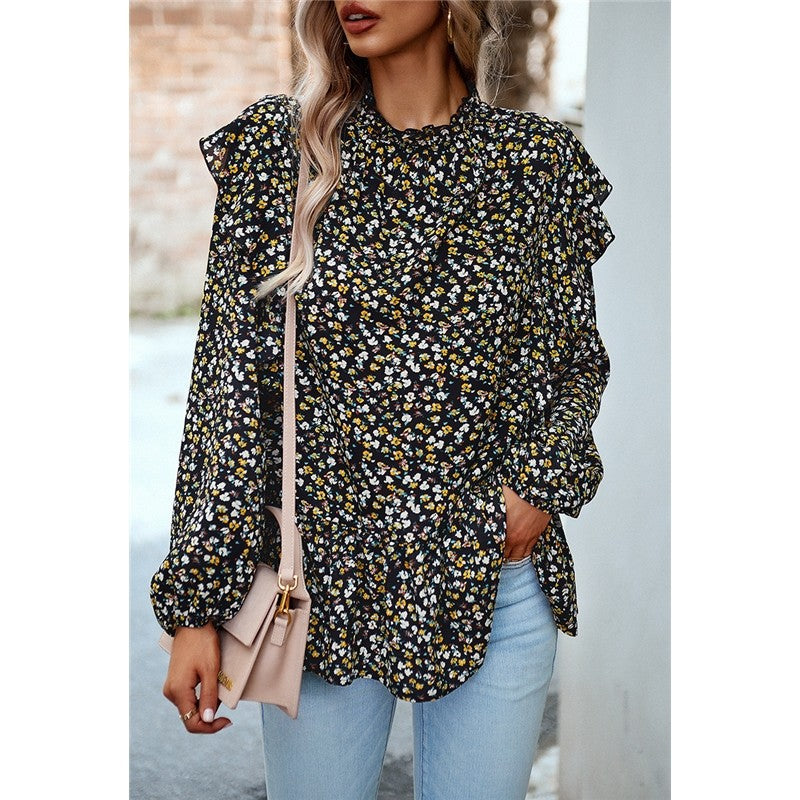 Lace Collar Floral Wood Ear Trim Shirt