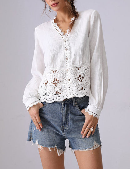 Hollow Lace Ruffled V-Neck Shirt