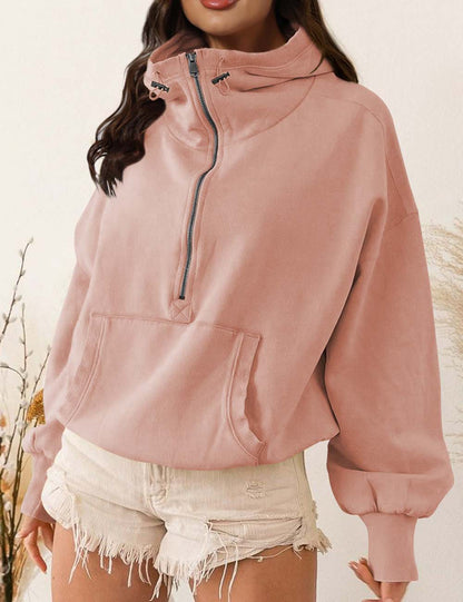Casual Half Zip Drawstring High Neck Hoodie