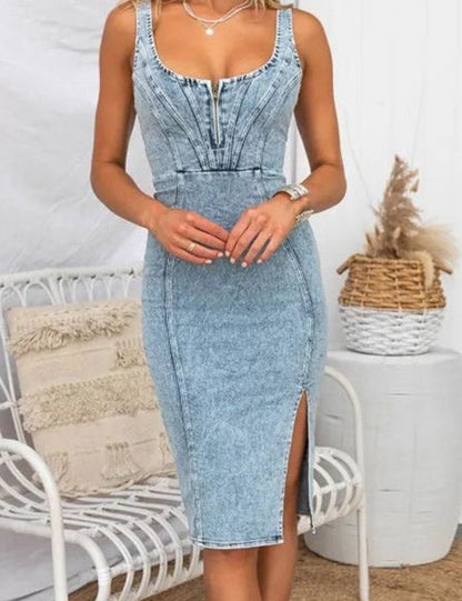 U-Neck Washed Slim Split Denim Dress