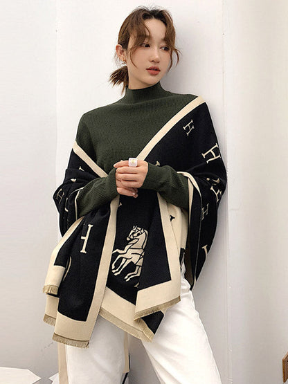 Printed Contrast Color Imitation Cashmere Shawl Scarf