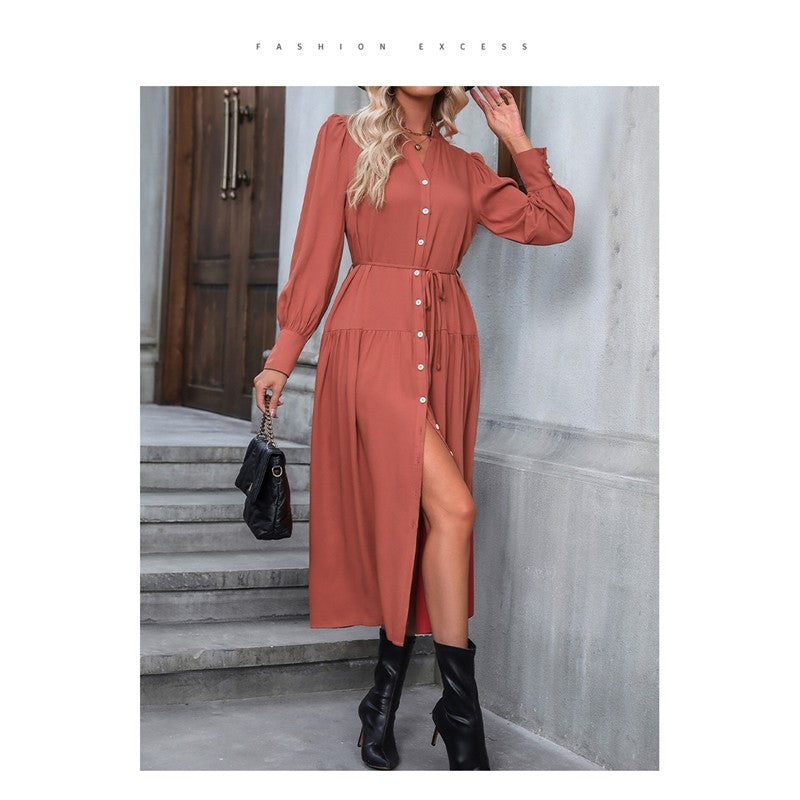 Solid Color V-Neck Elastic Band Cardigan Button-Down Long-Sleeved Dress