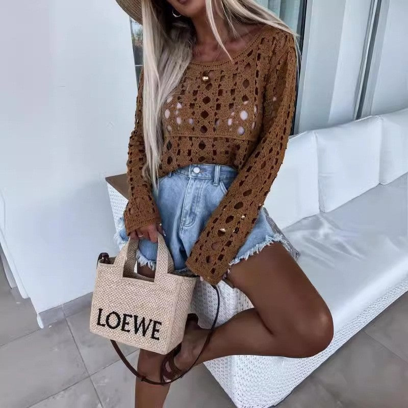 Solid Color Knit Long Sleeve Skeleton Top