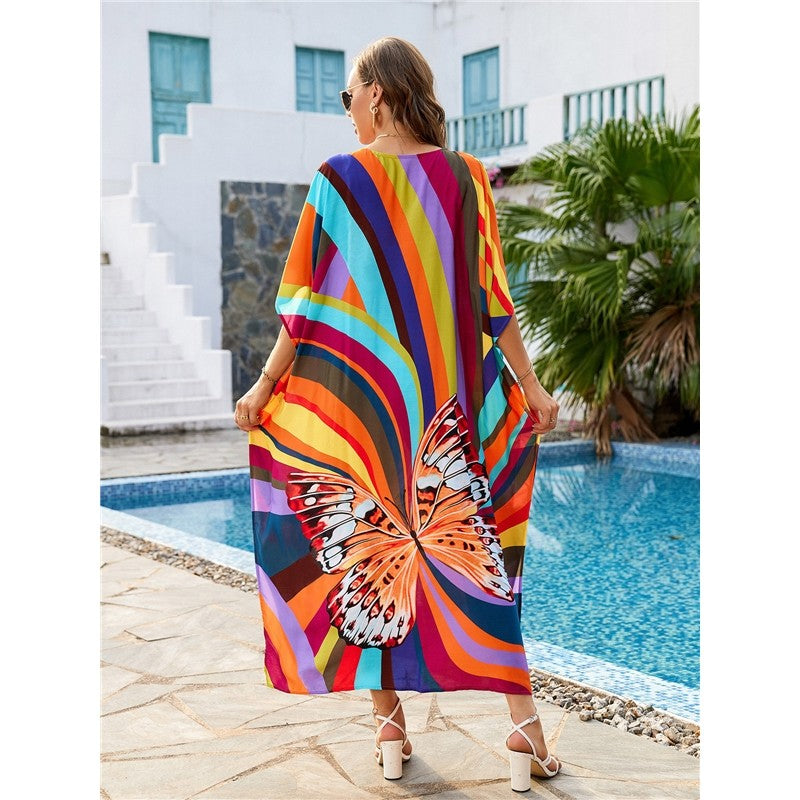 Contrast Color Butterfly Printing V-Neck Short Sleeve Long Beach Dress Bikini Cover-Up