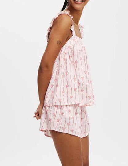Sweet Bow Print Ruffle Loungewear Set