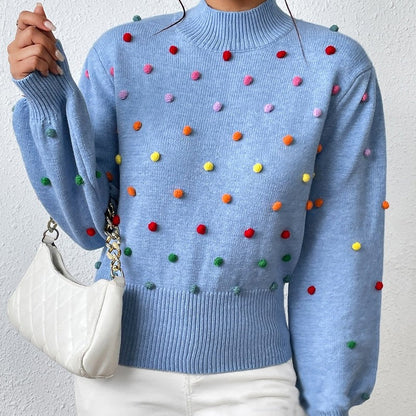 Long Sleeve Crewneck Colorful Balls Embellished Casual Knitted Sweater