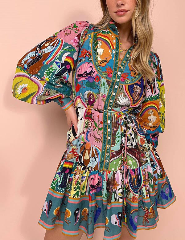 Long Sleeve Floral Tie-Waist Pleated Mini Dress