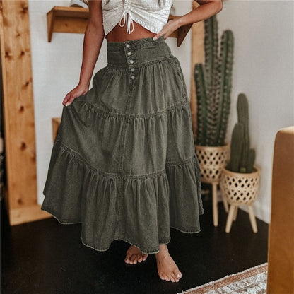 A-Line Denim Skirt With Flounce Hem