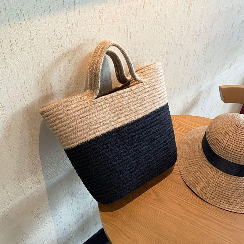 Color Block Straw Woven Handbag