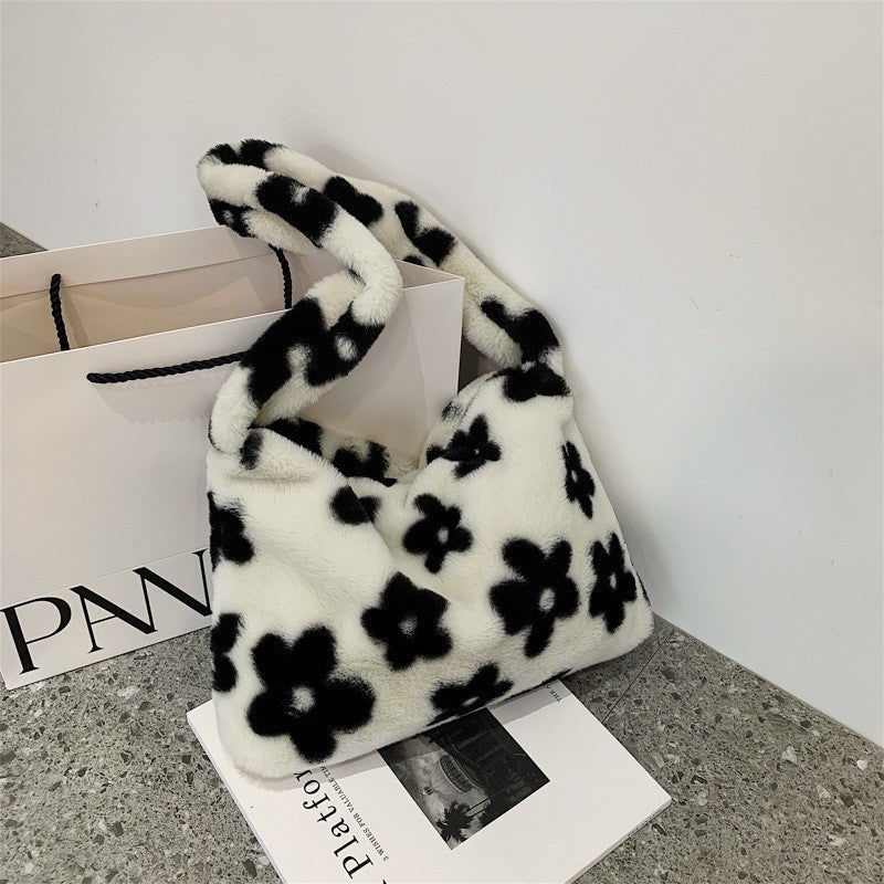 Cute Black  White Flowers Plush Shoulder Bag