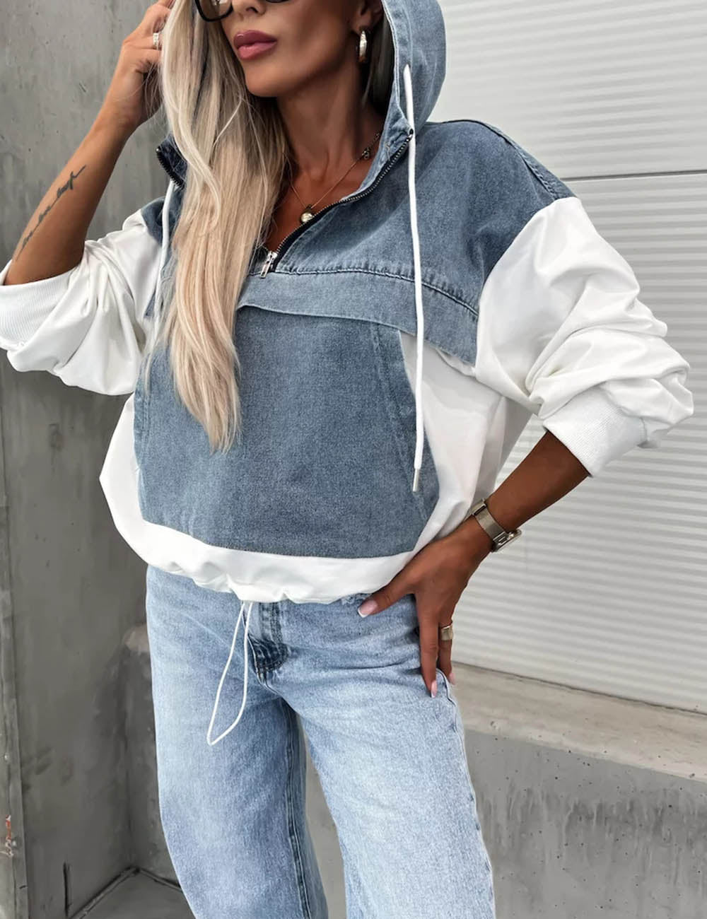 Trendy Splice Color Block Washed Denim Hoodie