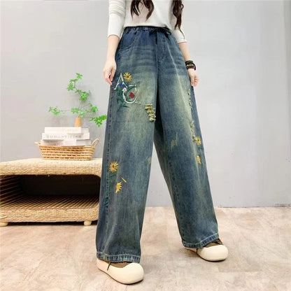 High-Waisted Embroidered Floral Distressed Denim Jeans
