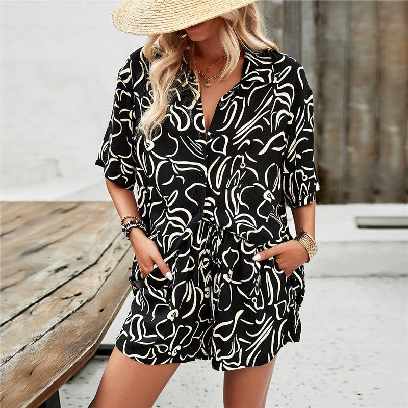 Printing Short Sleeve Lapel Buttoned Blouse And Shorts Two Pieces Suits