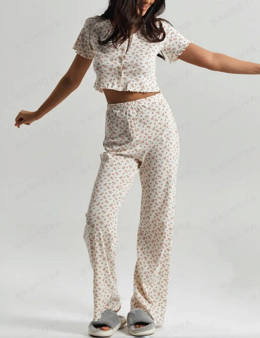 Floral Print Ruffle Top Pants Loungewear Set