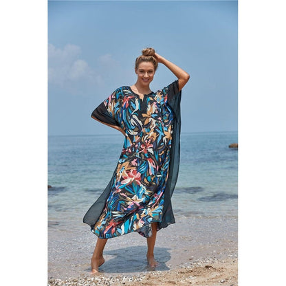 Contrast Color Patchwork Printing V-Neck Half Sleeve Casual Loose Long Beach Dress Bikini Cover-Up