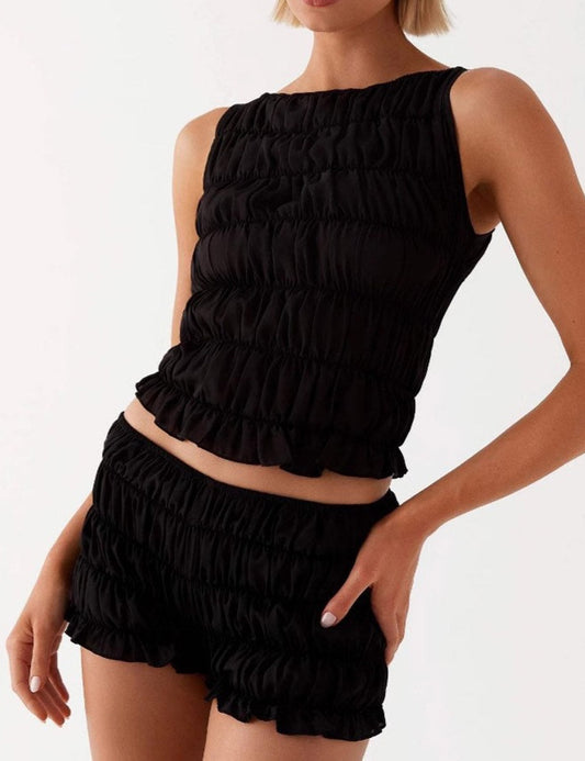 Casual Sleeveless Ruched Crop Top Shorts Set