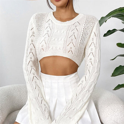 Hollow Out Short Crop Top Flared Sleeve Knitted Sweater