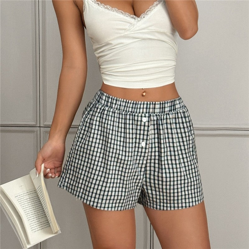 Elastic Waist Plaid Shorts