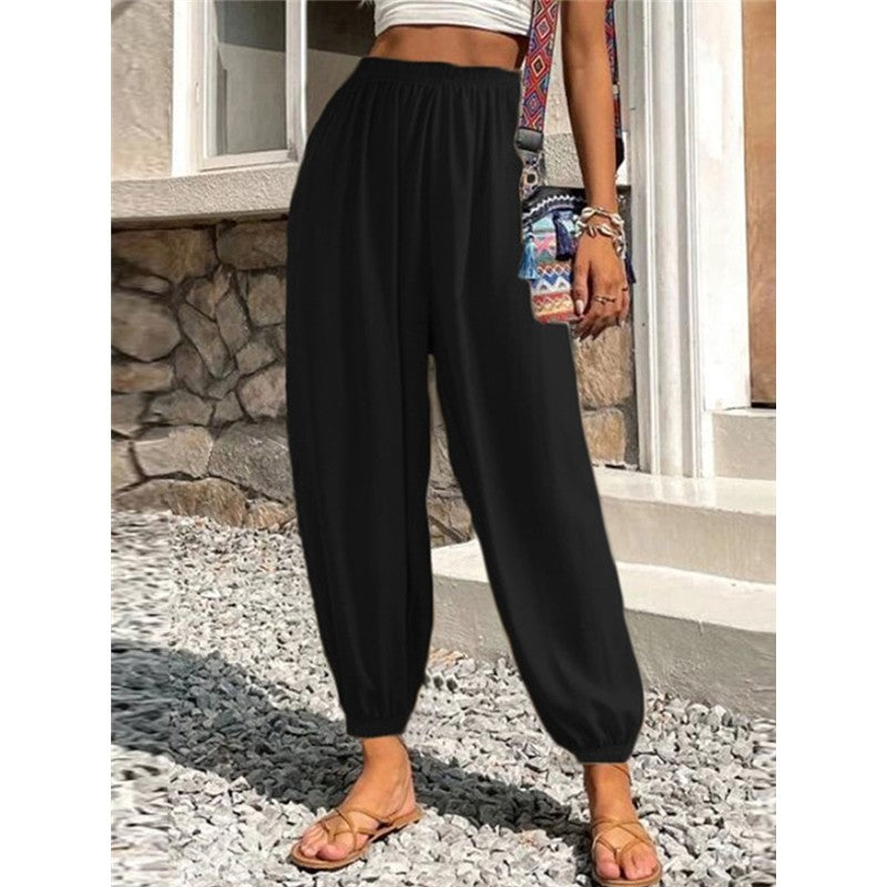 Elastic Waist Solid Color Baggy Pants