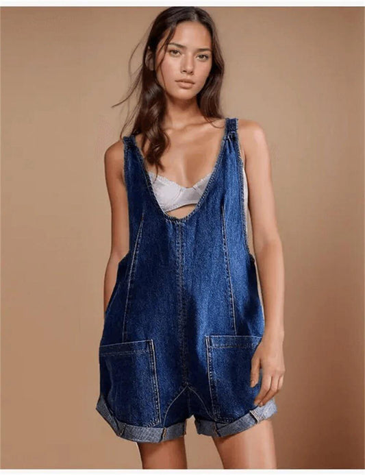 V-Neck Sleeveless Pocket Demin Jumpsuit