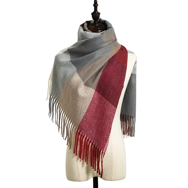 British Style Plaid Imitated Cashmere Tassled Shawl Scarf
