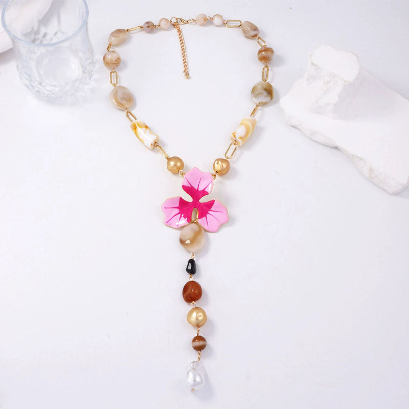 Elegant Enamel Flower Y Shaped Gold Necklace