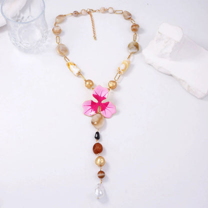 Elegant Enamel Flower Y Shaped Gold Necklace